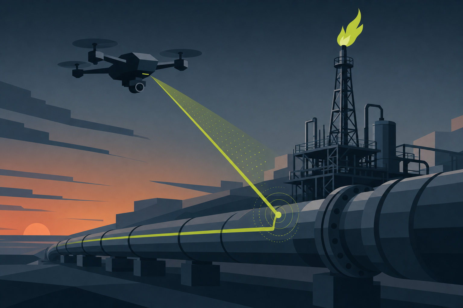Abstract illustration of drone inspection over industrial pipeline infrastructure