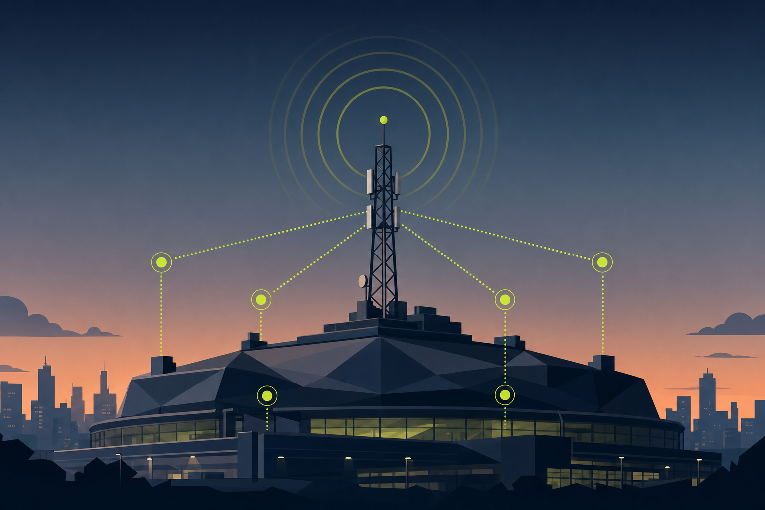 Abstract illustration of enterprise telecom signal infrastructure towers connecting a network