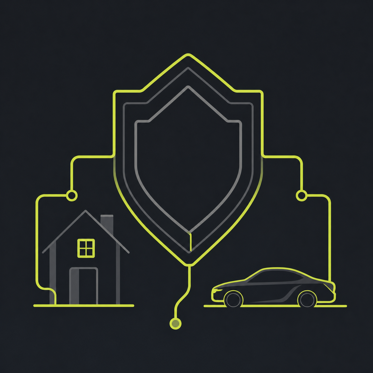Abstract illustration of a digital insurance shield connecting house and car icons