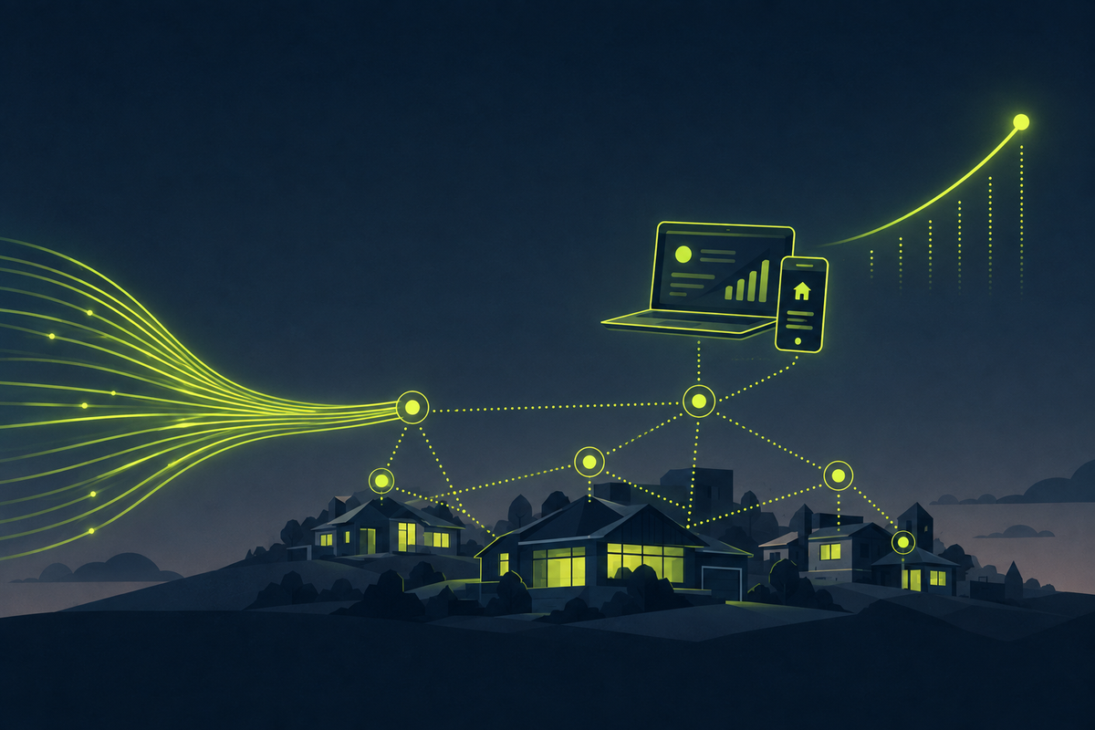 Abstract illustration of fiber-optic lines connecting homes to a digital account dashboard with a rising growth curve