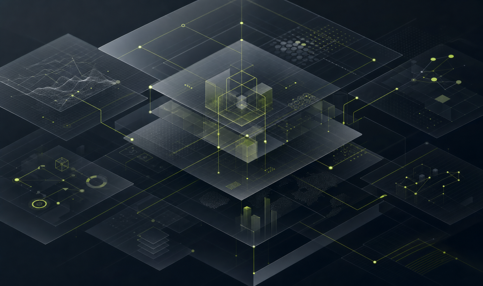 Abstract illustration of interconnected digital service modules glowing in lime and charcoal